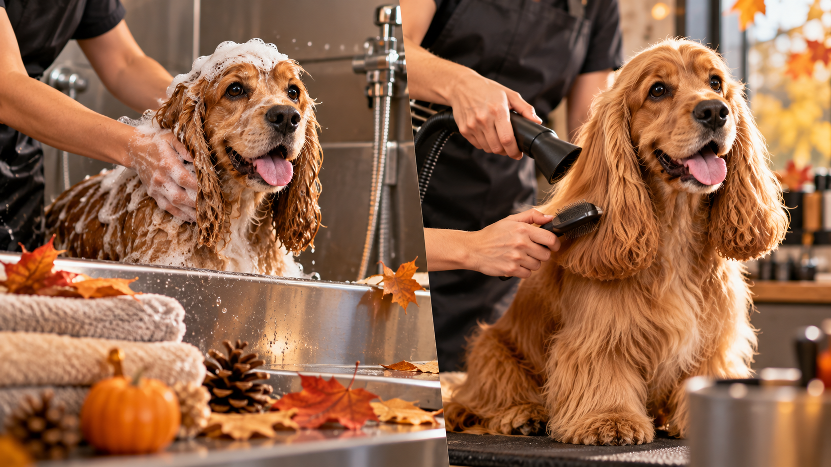 Spaniel being bathed and groomed in a salon