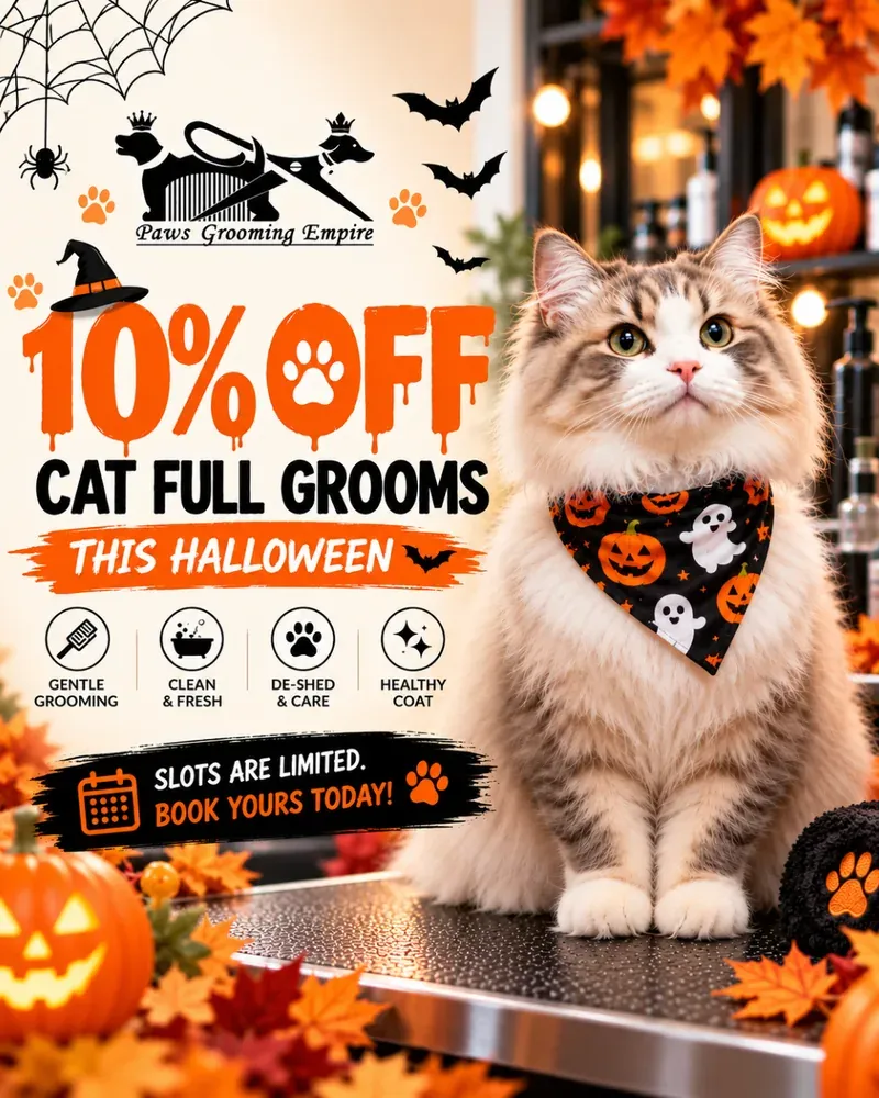 Halloween offer: 10% off cat full grooms at Paws Grooming Empire, East Finchley. A fluffy cat wearing a pumpkin and ghost bandana sits on the grooming table. Gentle grooming, clean and fresh, de-shed and care, healthy coat.
