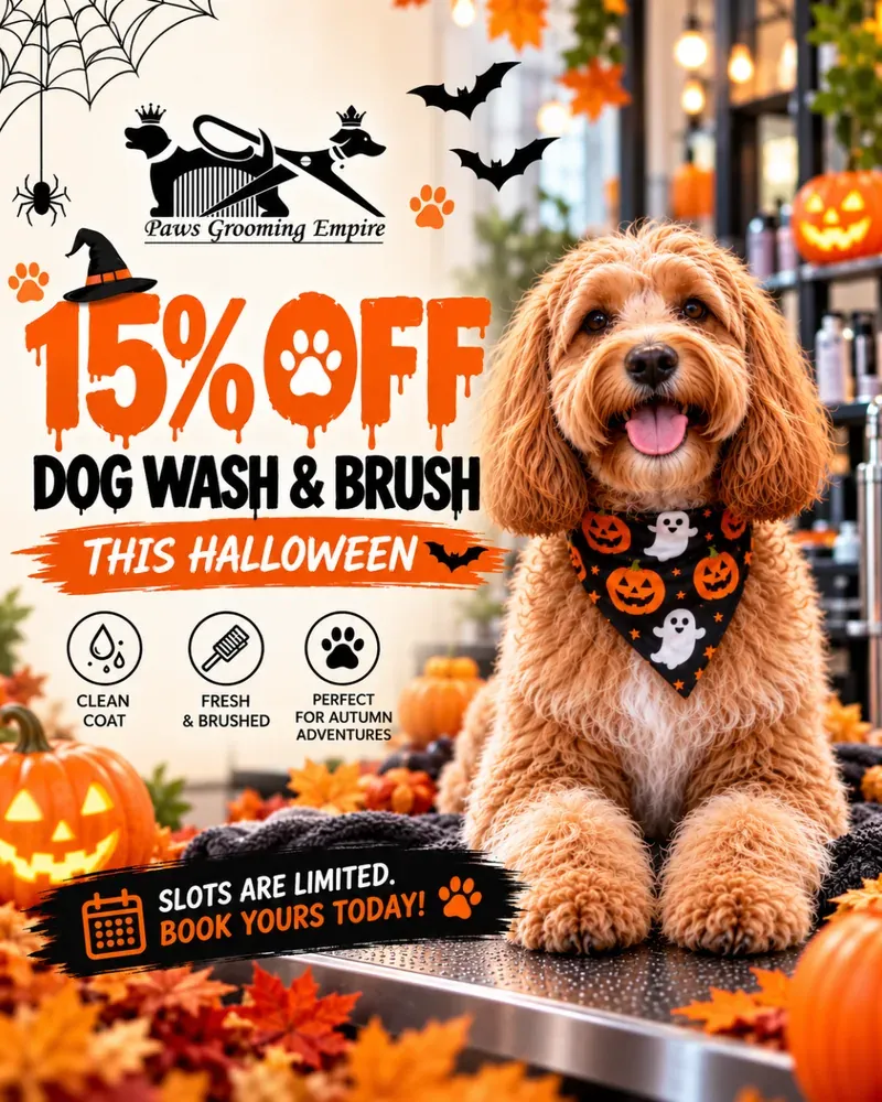 Halloween offer: 15% off dog wash and brush at Paws Grooming Empire, East Finchley. A happy cockapoo wearing a pumpkin and ghost bandana among autumn leaves and pumpkins. Clean coat, fresh and brushed, perfect for autumn adventures.